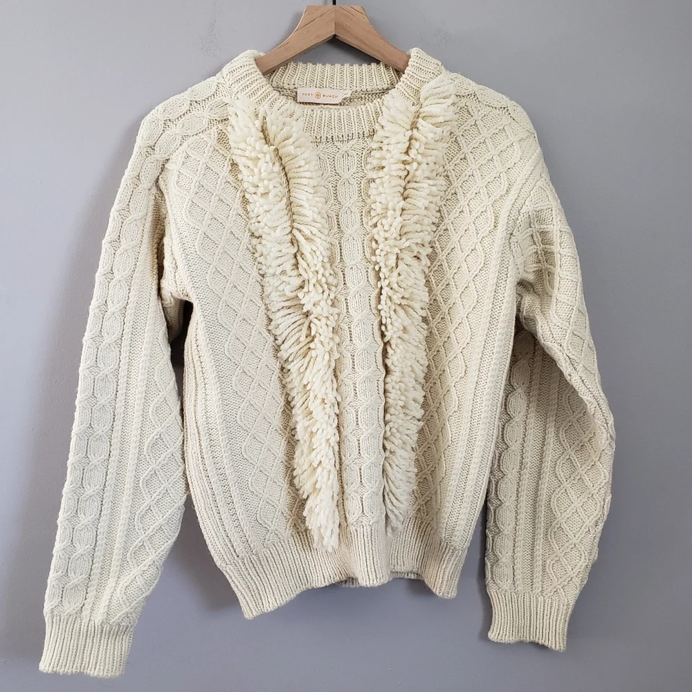 Tory Burch Cable Knit Fringe Wool Sweater Cream Crew Pullover Sweater SZ Medium